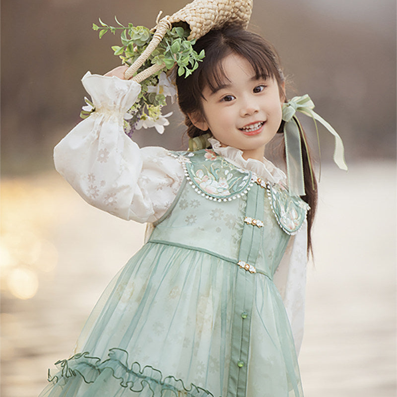 Girls' Floral Embroidered Hanfu Dress & Jacket - Spring Set