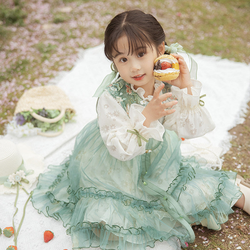 Girls' Floral Embroidered Hanfu Dress & Jacket - Spring Set