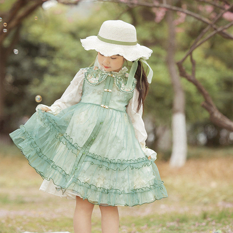 Girls' Floral Embroidered Hanfu Dress & Jacket - Spring Set