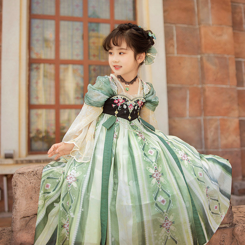 迪士尼冰雪奇缘安娜仲夏夜之梦女童绿色奢华礼服