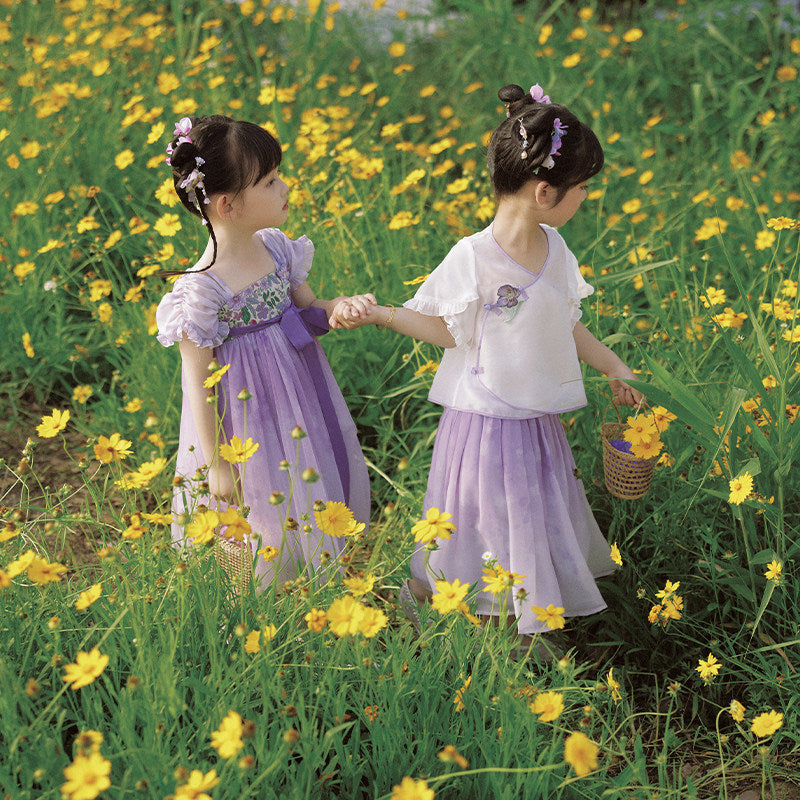女童紫色碎花汉服 - 姐妹装夏季连衣裙套装