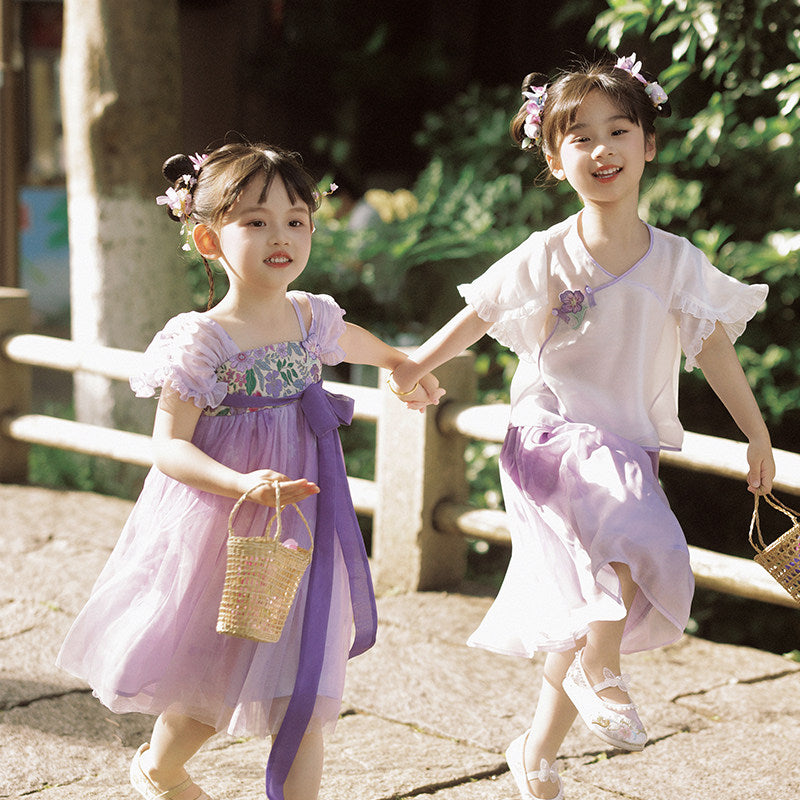 女童紫色碎花汉服 - 姐妹装夏季连衣裙套装