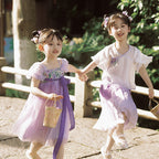 女童紫色碎花汉服 - 姐妹装夏季连衣裙套装