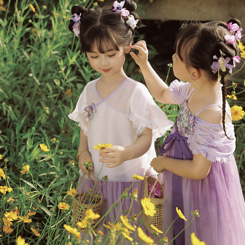 女童紫色碎花汉服 - 姐妹装夏季连衣裙套装