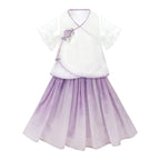 女童紫色碎花汉服 - 姐妹装夏季连衣裙套装