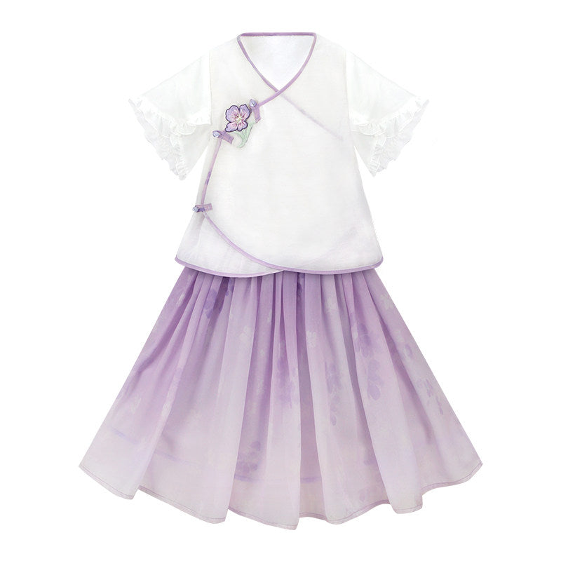 女童紫色碎花汉服 - 姐妹装夏季连衣裙套装