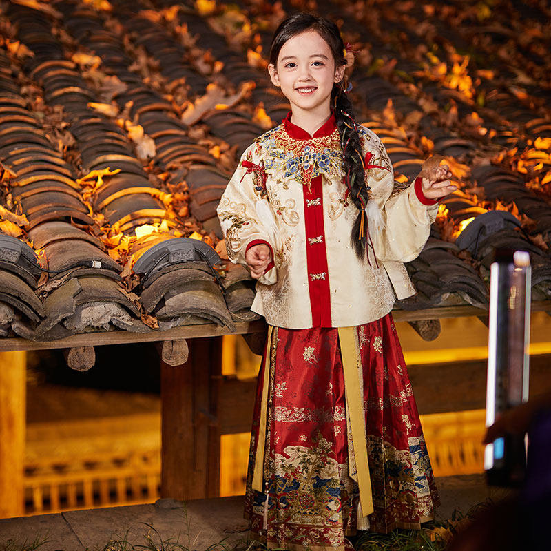 Girls' Gold-Woven Hanfu Set - Winter Warm Mamian Skirt Secondary image