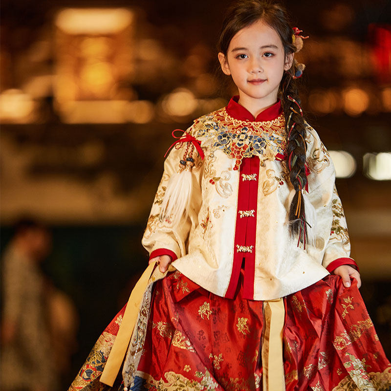 Girls' Gold-Woven Hanfu Set - Winter Warm Mamian Skirt