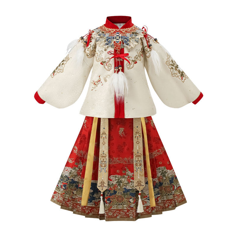 Girls' Gold-Woven Hanfu Set - Winter Warm Mamian Skirt