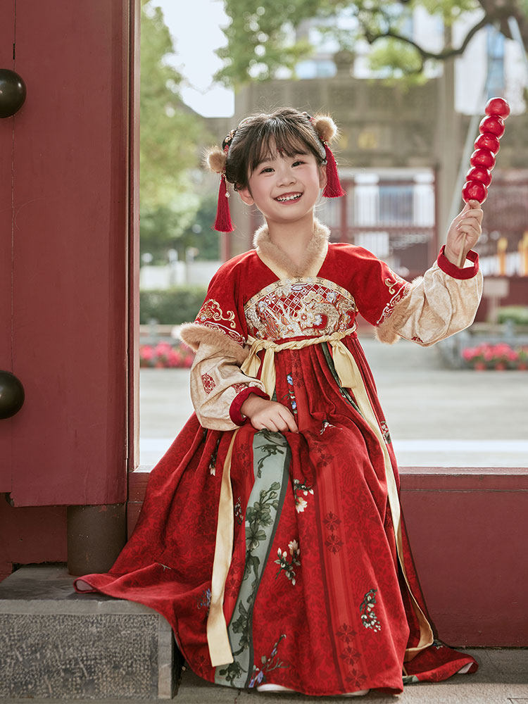 女童红色龙纹汉服裙 - 冬季农历新年装
