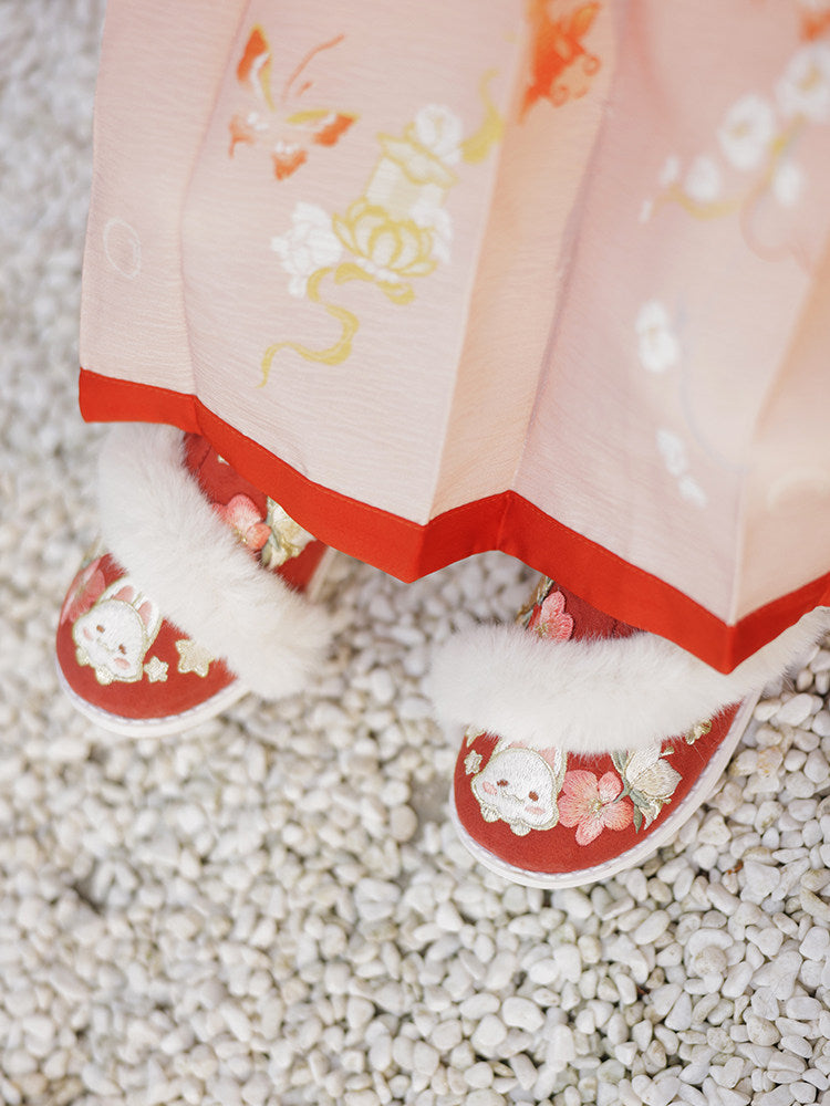 Cute Bunny Embroidered Winter Hanfu Shoes - Fuzzy Kids Flats