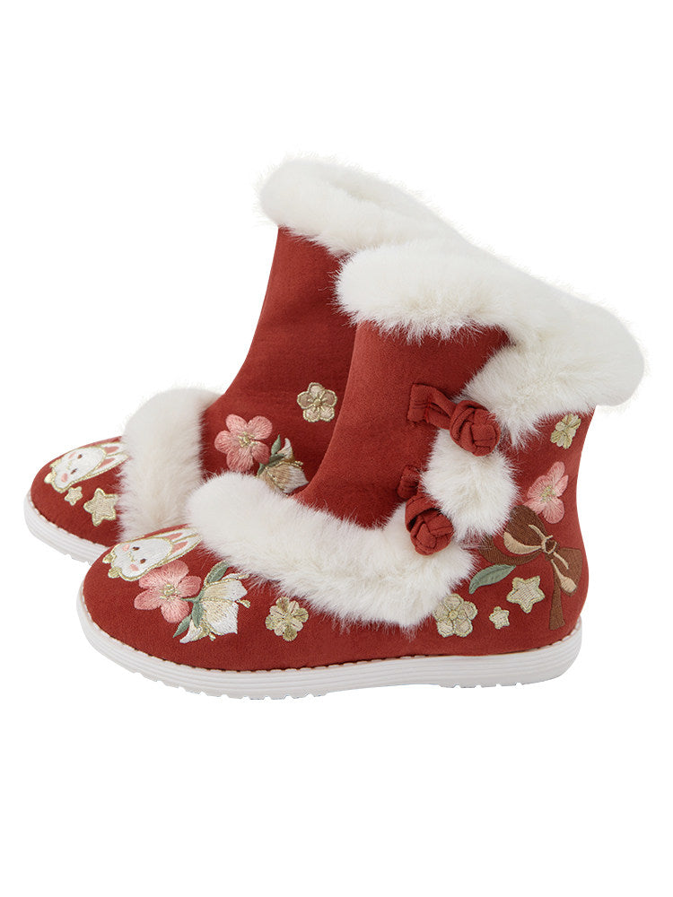 Cute Bunny Embroidered Winter Hanfu Shoes - Fuzzy Kids Flats Secondary image