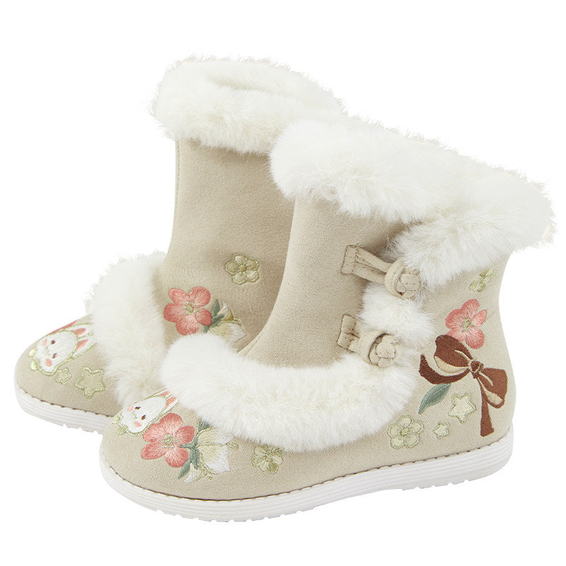 Cute Bunny Embroidered Winter Hanfu Shoes - Fuzzy Kids Flats
