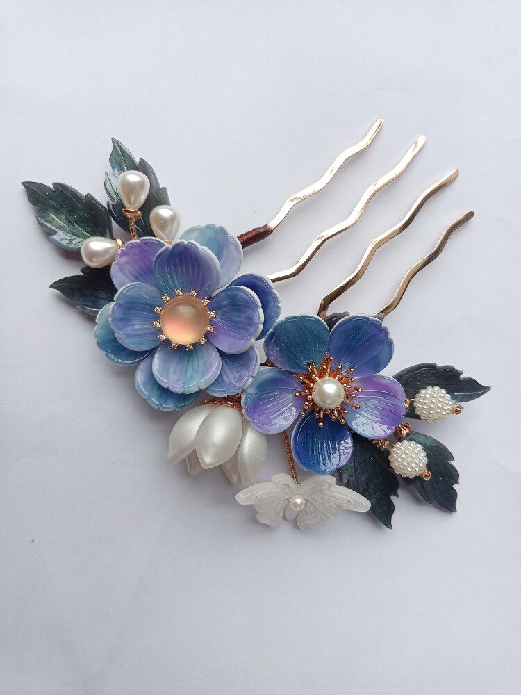 Handmade Pure Copper Purple Floral Hair Comb | Hanfu Decor