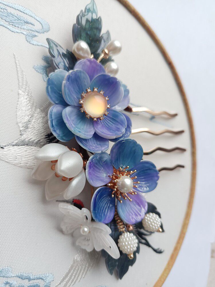 Handmade Pure Copper Purple Floral Hair Comb | Hanfu Decor Main image