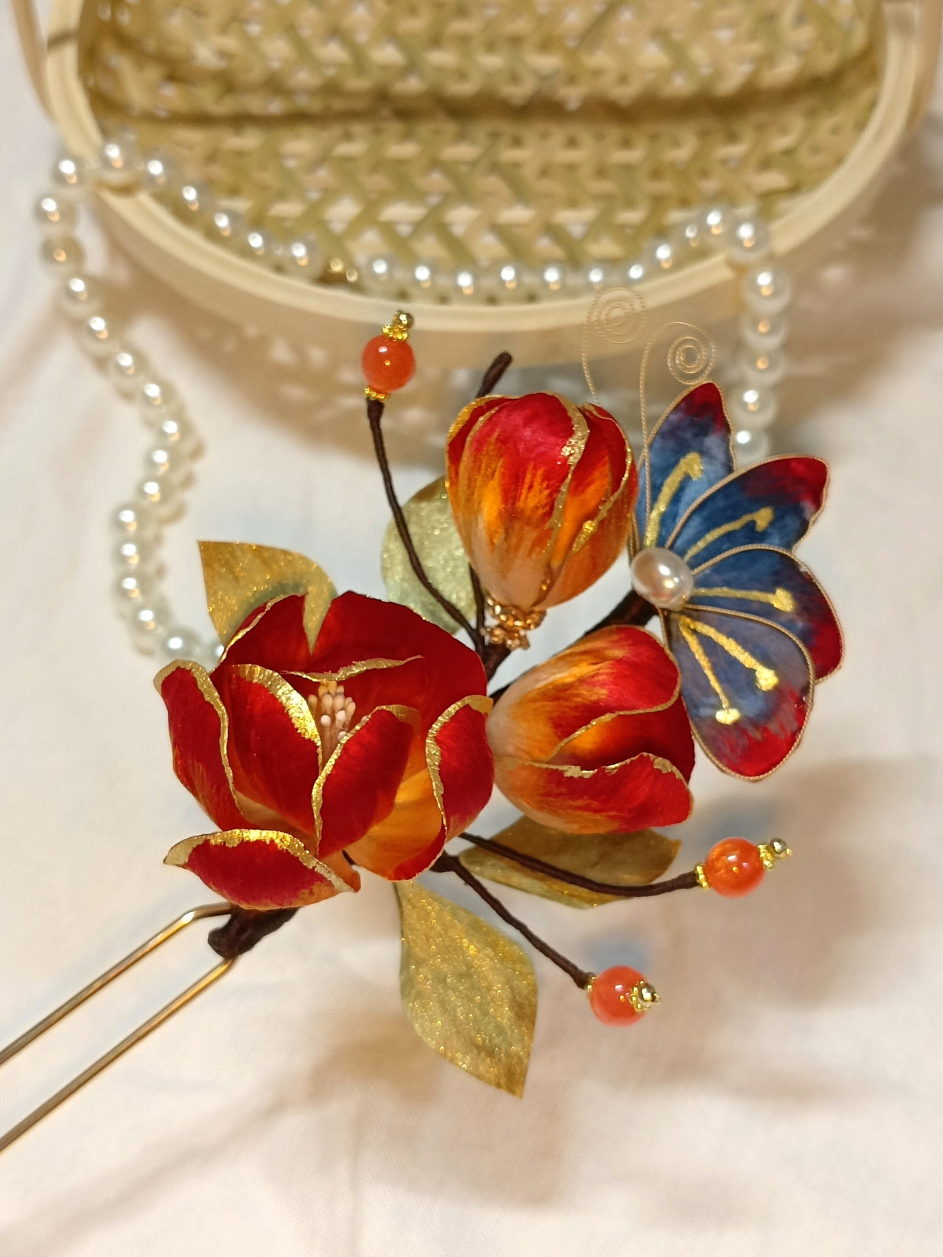 Handmade Peony Velvet Flower Hairpin | Heritage Filigree Craft Secondary image
