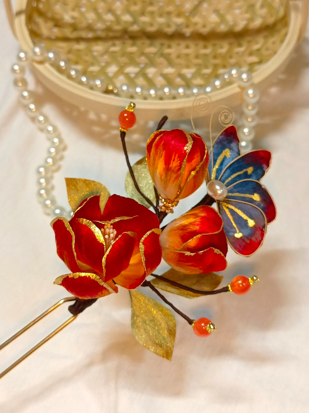 Handmade Peony Velvet Flower Hairpin | Heritage Filigree Craft