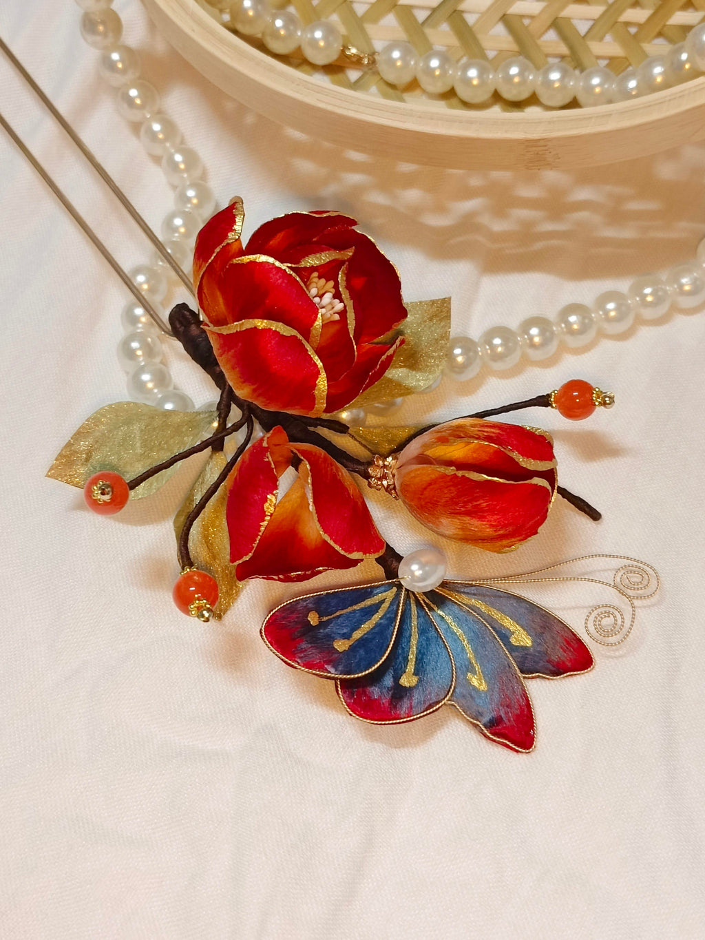 Handmade Peony Velvet Flower Hairpin | Heritage Filigree Craft
