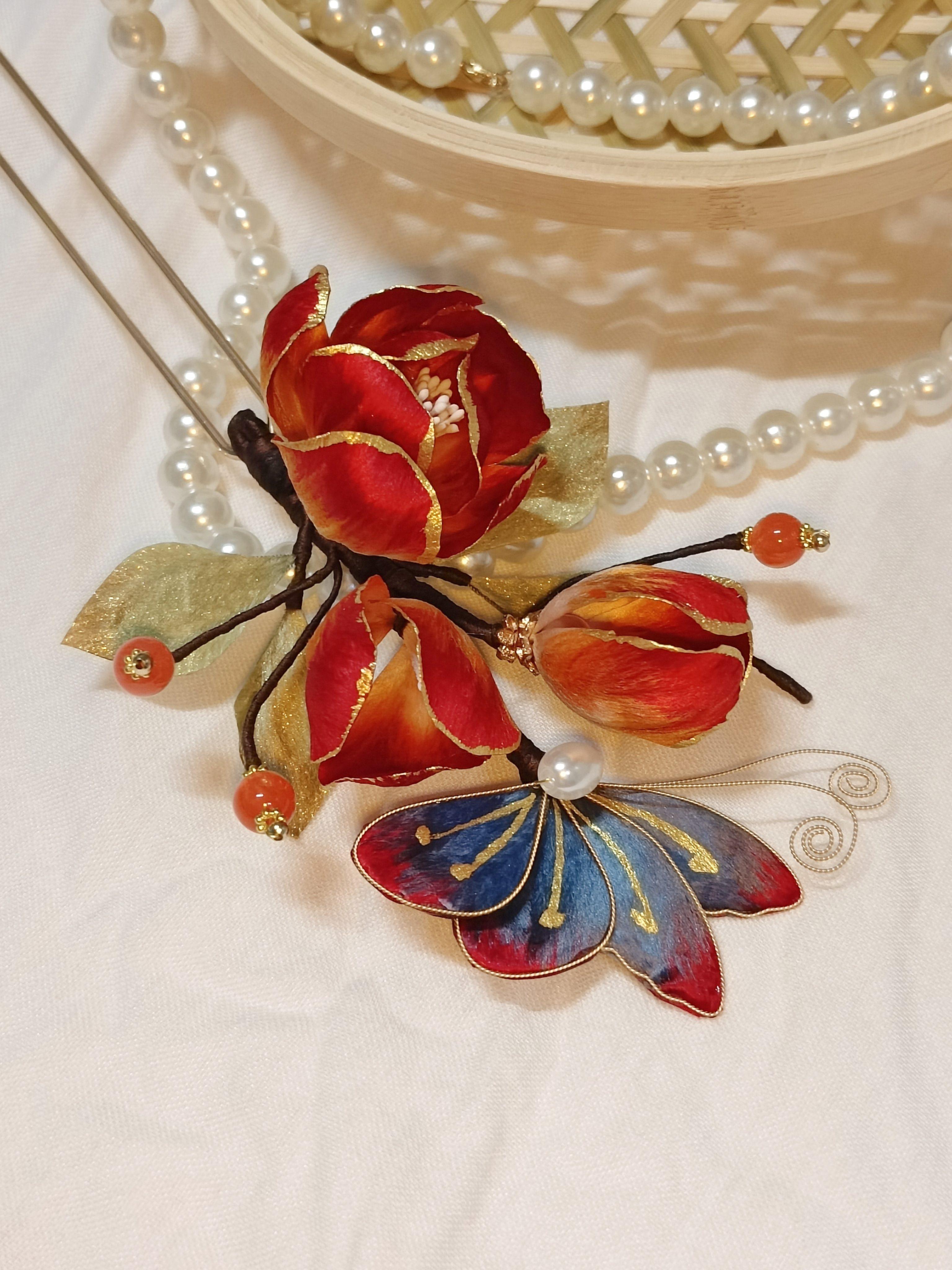 Handmade Peony Velvet Flower Hairpin | Heritage Filigree Craft
