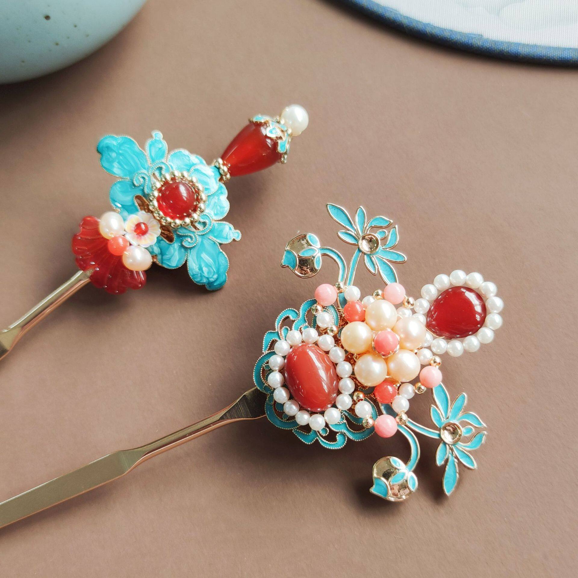 Handmade Cloisonné & Red Agate Hairpin | Pearl Hanfu Jewelry Main image