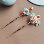 Handmade Cloisonné & Red Agate Hairpin | Pearl Hanfu Jewelry