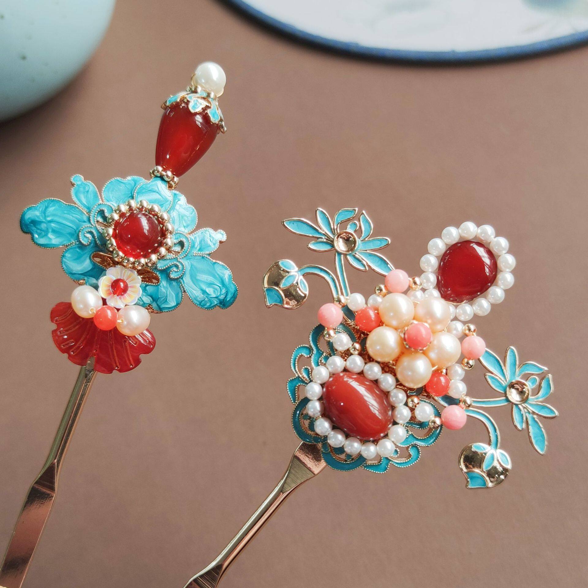 Handmade Cloisonné & Red Agate Hairpin | Pearl Hanfu Jewelry