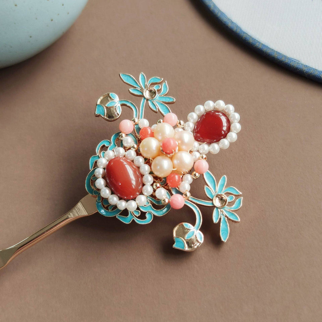 Handmade Cloisonné & Red Agate Hairpin | Pearl Hanfu Jewelry