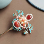 Handmade Cloisonné & Red Agate Hairpin | Pearl Hanfu Jewelry