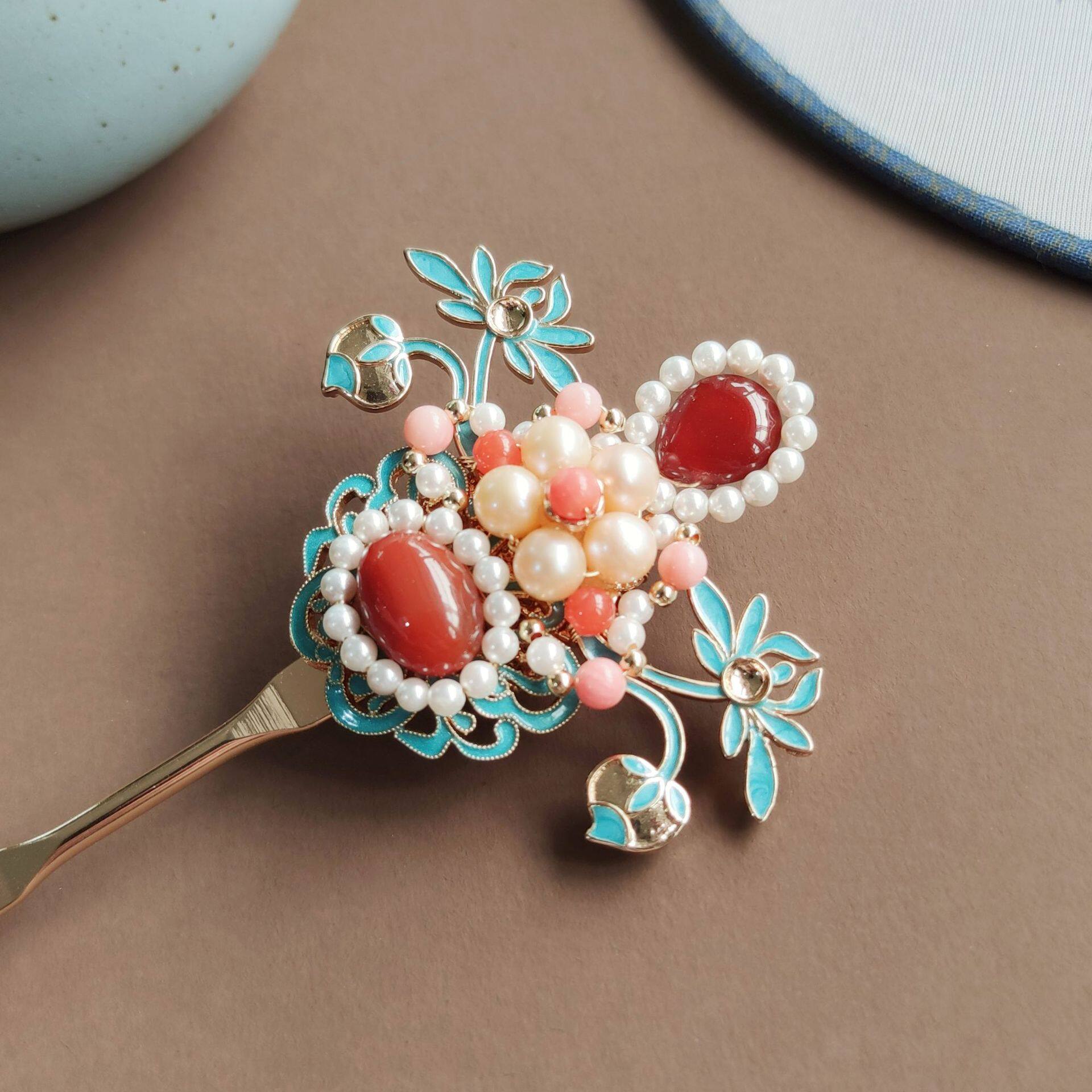 Handmade Cloisonné & Red Agate Hairpin | Pearl Hanfu Jewelry