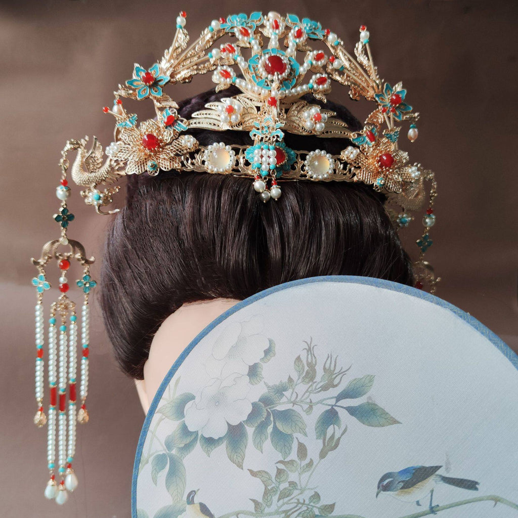 Luxury Hanfu Wedding Jewelry Set | Bridal Crown & Tassel Sticks