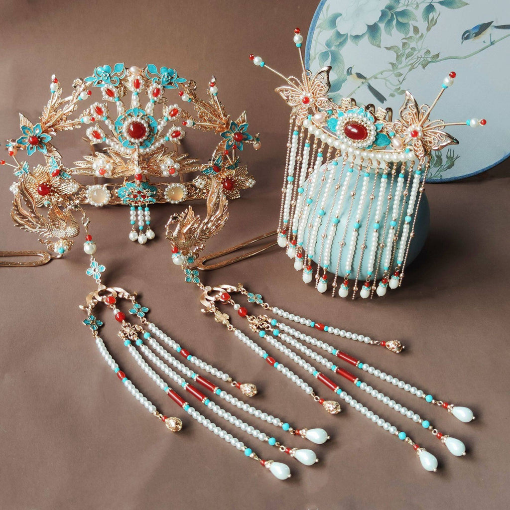 Luxury Hanfu Wedding Jewelry Set | Bridal Crown & Tassel Sticks