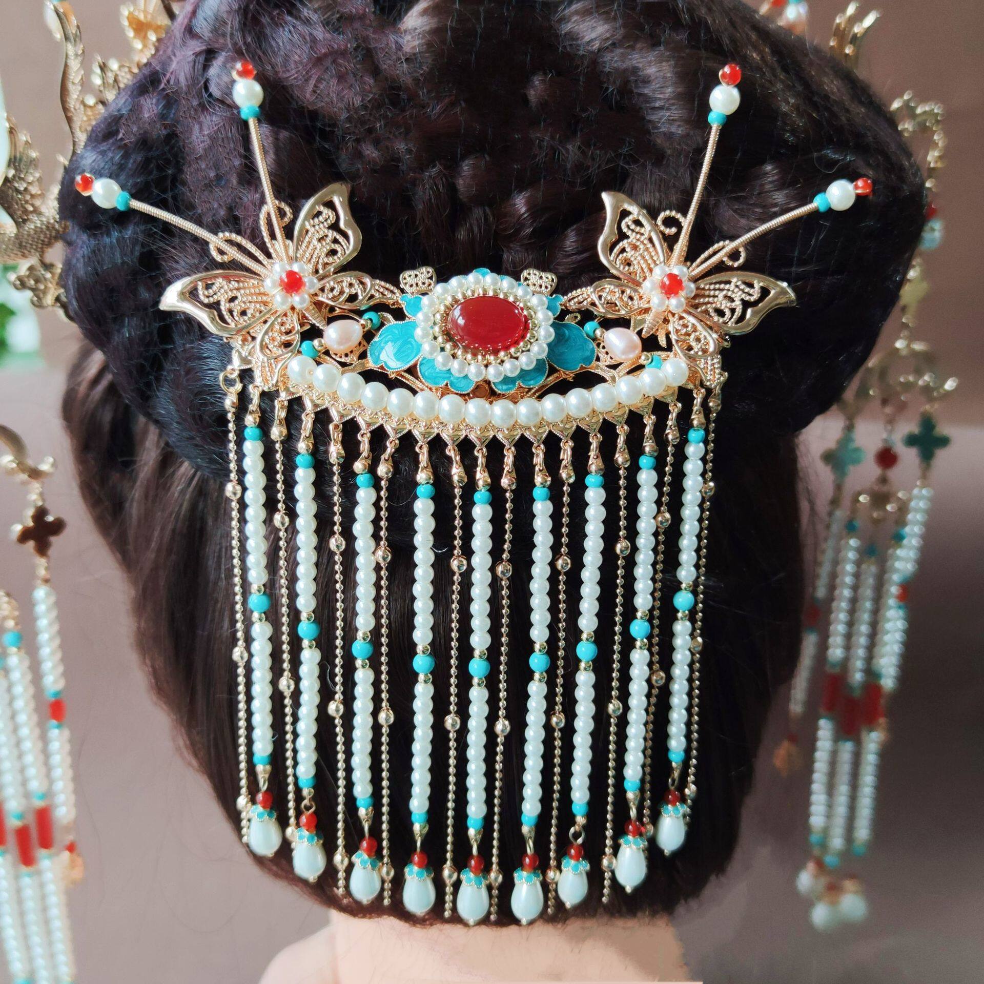 Luxury Hanfu Wedding Jewelry Set | Bridal Crown & Tassel Sticks