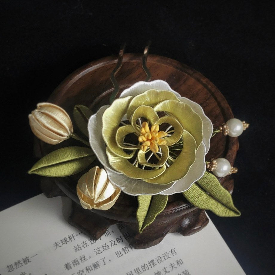 Handmade Green Peony Silk Hairpin | Chanhua Hanfu Accessory Secondary image