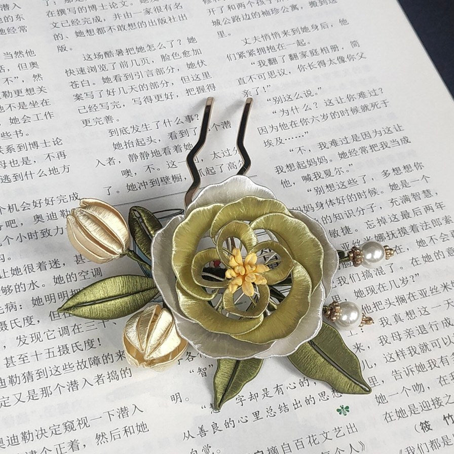 Handmade Green Peony Silk Hairpin | Chanhua Hanfu Accessory
