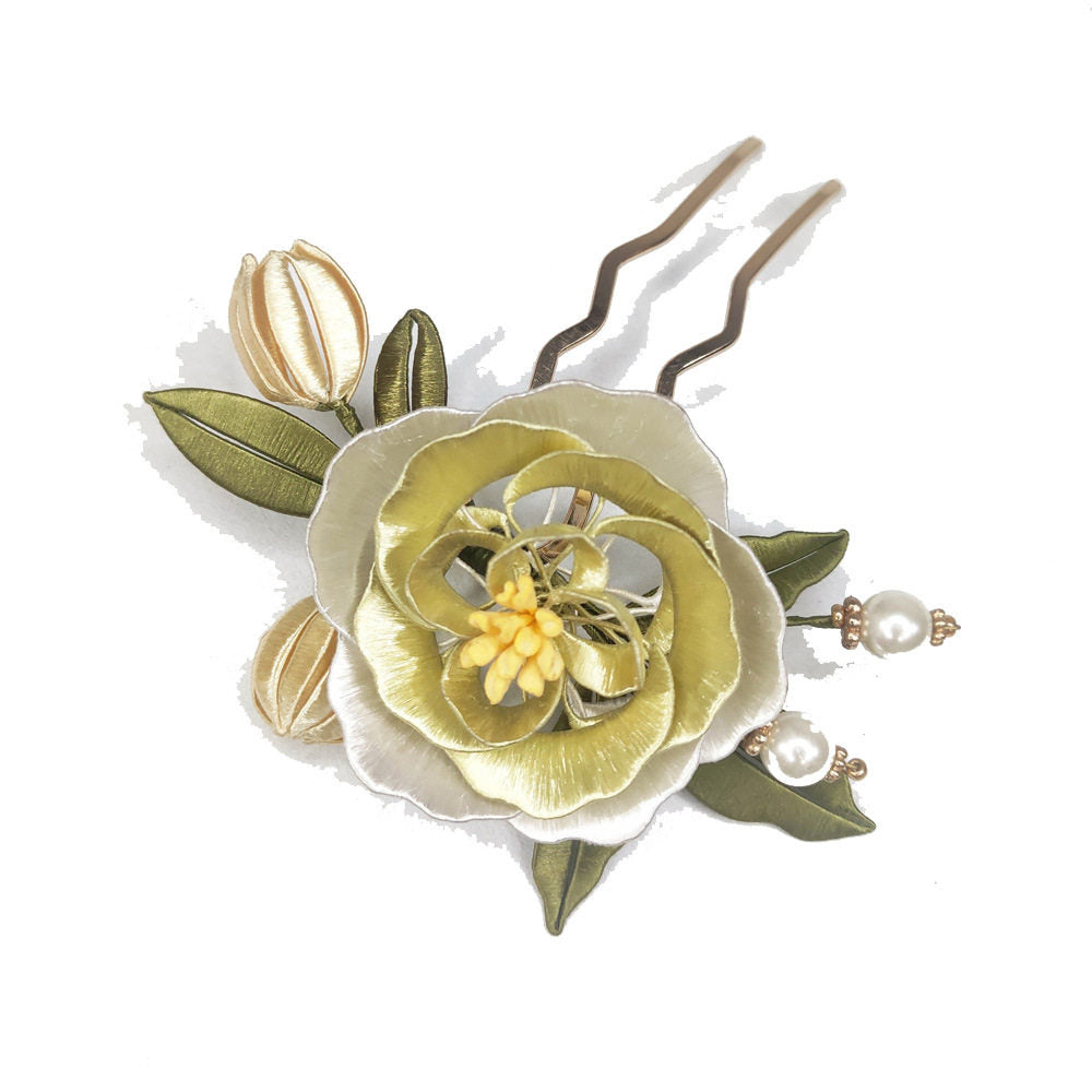 Handmade Green Peony Silk Hairpin | Chanhua Hanfu Accessory