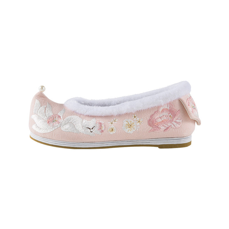 Little Fox Embroidered Winter Hanfu Shoes | Warm Plush Arch