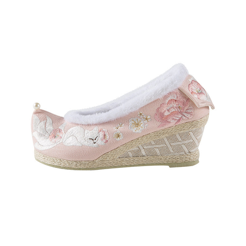 Little Fox Embroidered Winter Hanfu Shoes | Warm Plush Arch