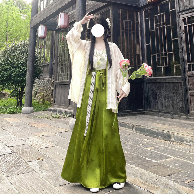大码绿色唐制汉服套装 - 水墨提花连衣裙