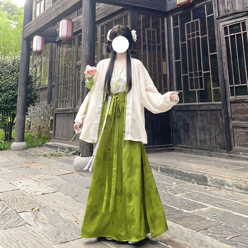 大码绿色唐制汉服套装 - 水墨提花连衣裙 主图