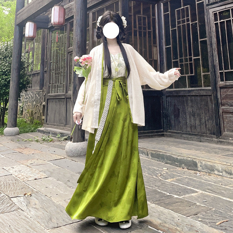 大码绿色唐制汉服套装 - 水墨提花连衣裙