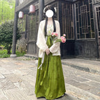 大码绿色唐制汉服套装 - 水墨提花连衣裙