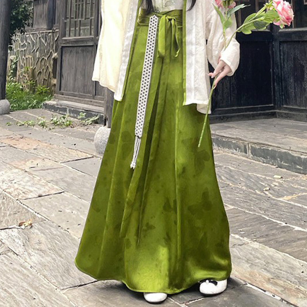 大码绿色唐制汉服套装 - 水墨提花连衣裙
