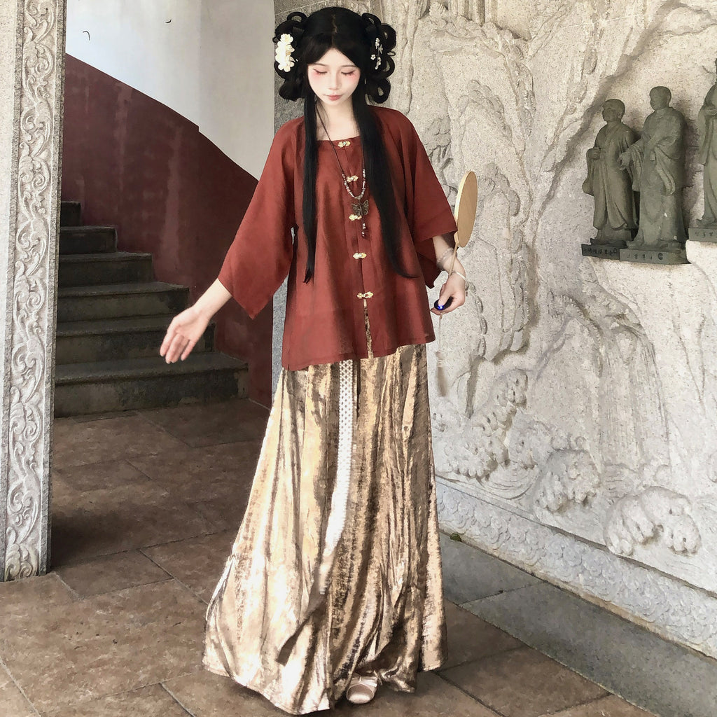 Liunian Plus Size Ming Hanfu Set | Red Gold Brocade Skirt