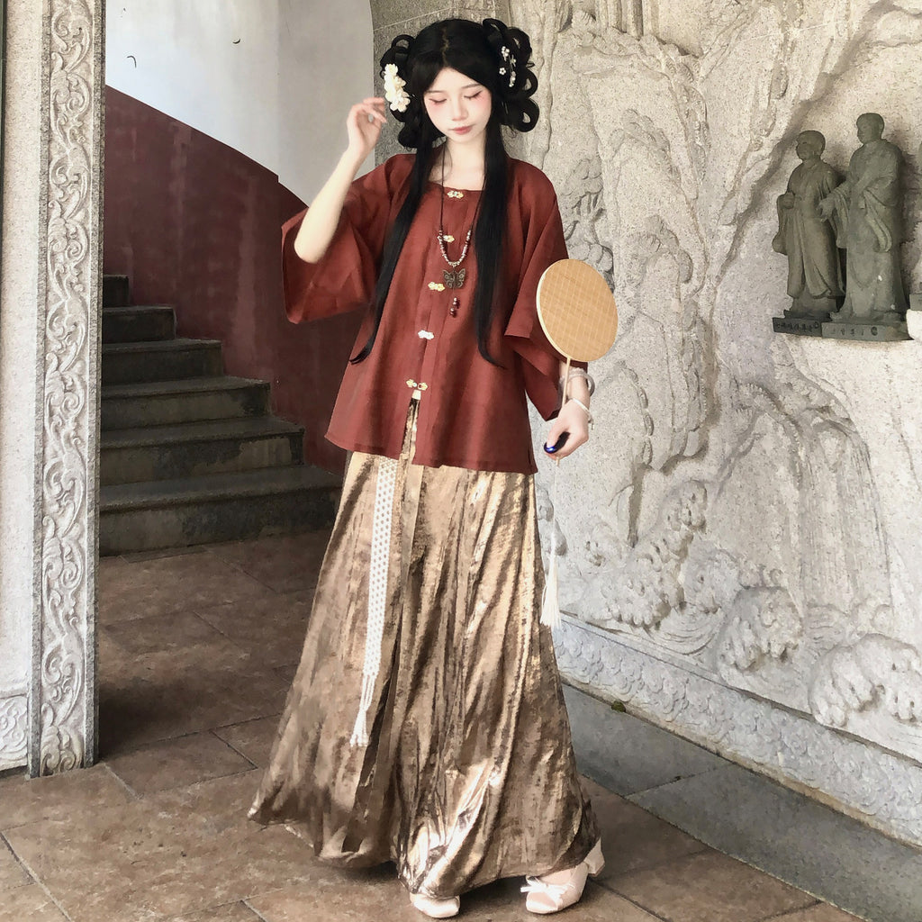 Liunian Plus Size Ming Hanfu Set | Red Gold Brocade Skirt