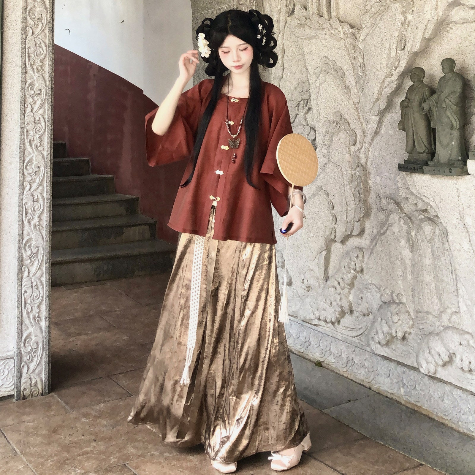 Liunian Plus Size Ming Hanfu Set | Red Gold Brocade Skirt