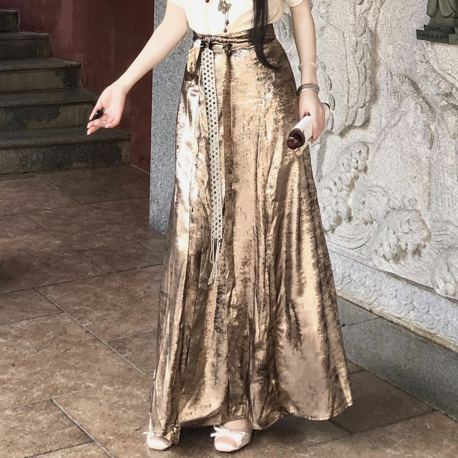 Liunian Plus Size Ming Hanfu Set | Red Gold Brocade Skirt