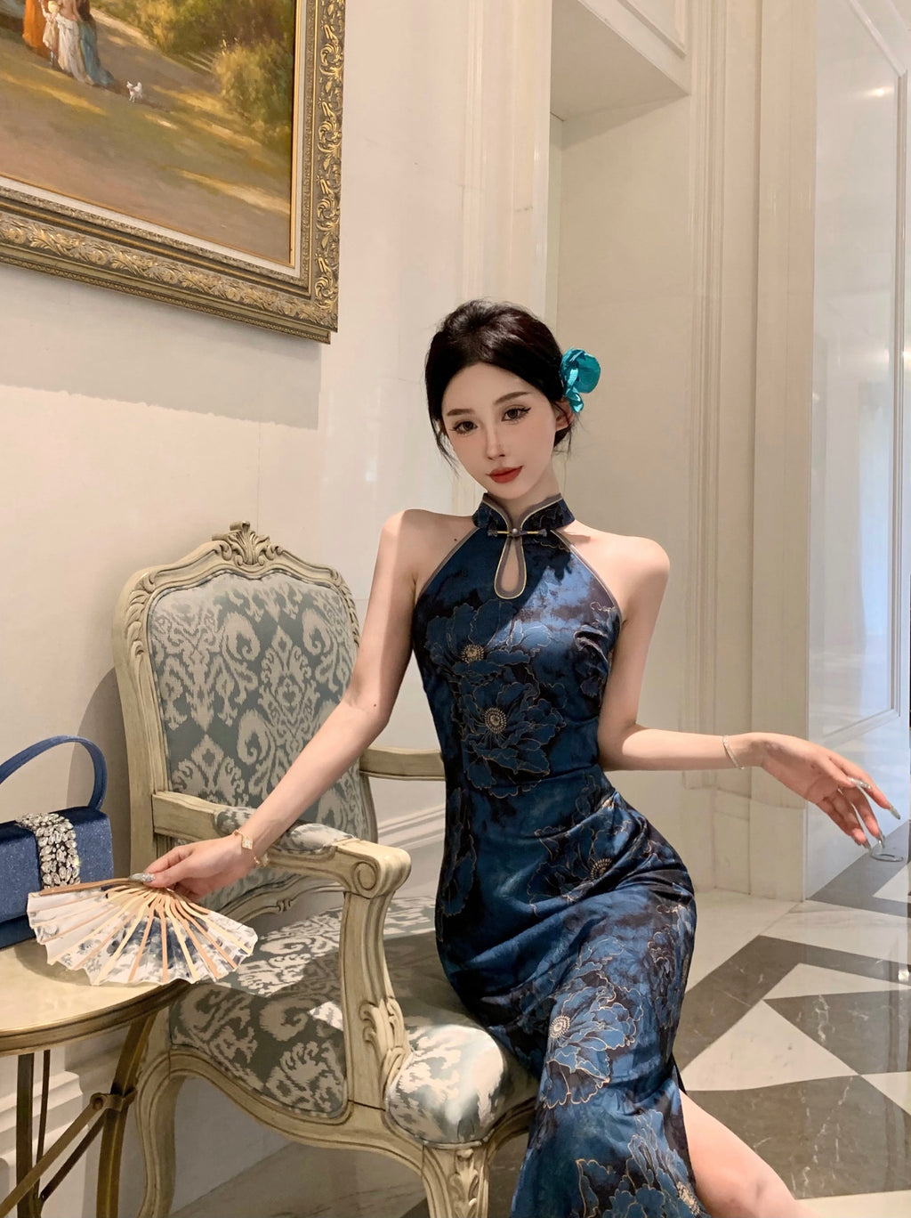 Teal Blue Printed Satin Qipao | Cold Shoulder Maxi Cheongsam