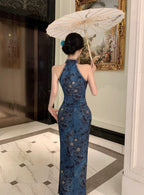 Teal Blue Printed Satin Qipao | Cold Shoulder Maxi Cheongsam