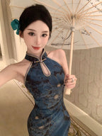 Teal Blue Printed Satin Qipao | Cold Shoulder Maxi Cheongsam