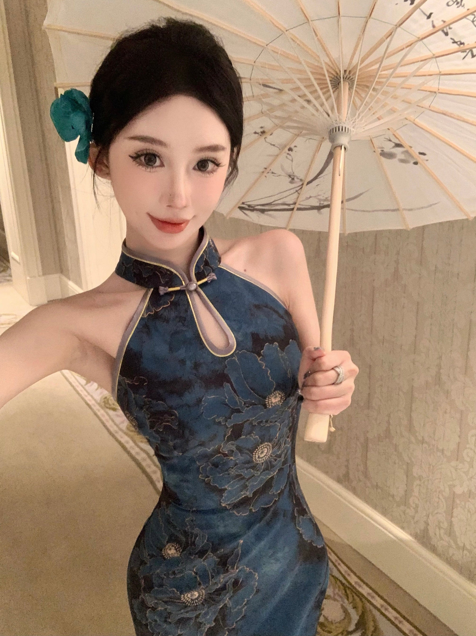 Teal Blue Printed Satin Qipao | Cold Shoulder Maxi Cheongsam